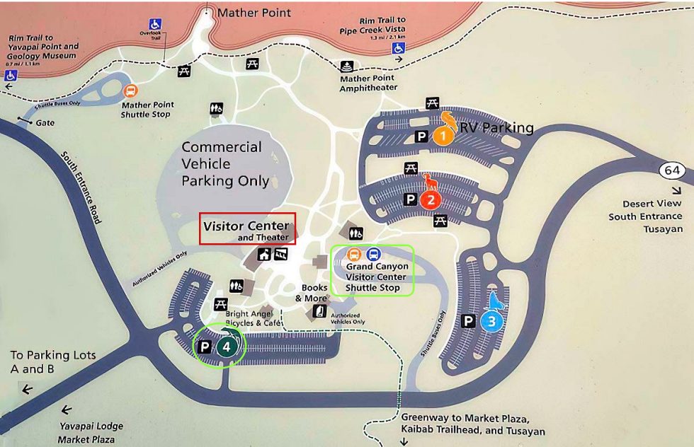 美國大峽谷南緣遊客中心停車場位置圖